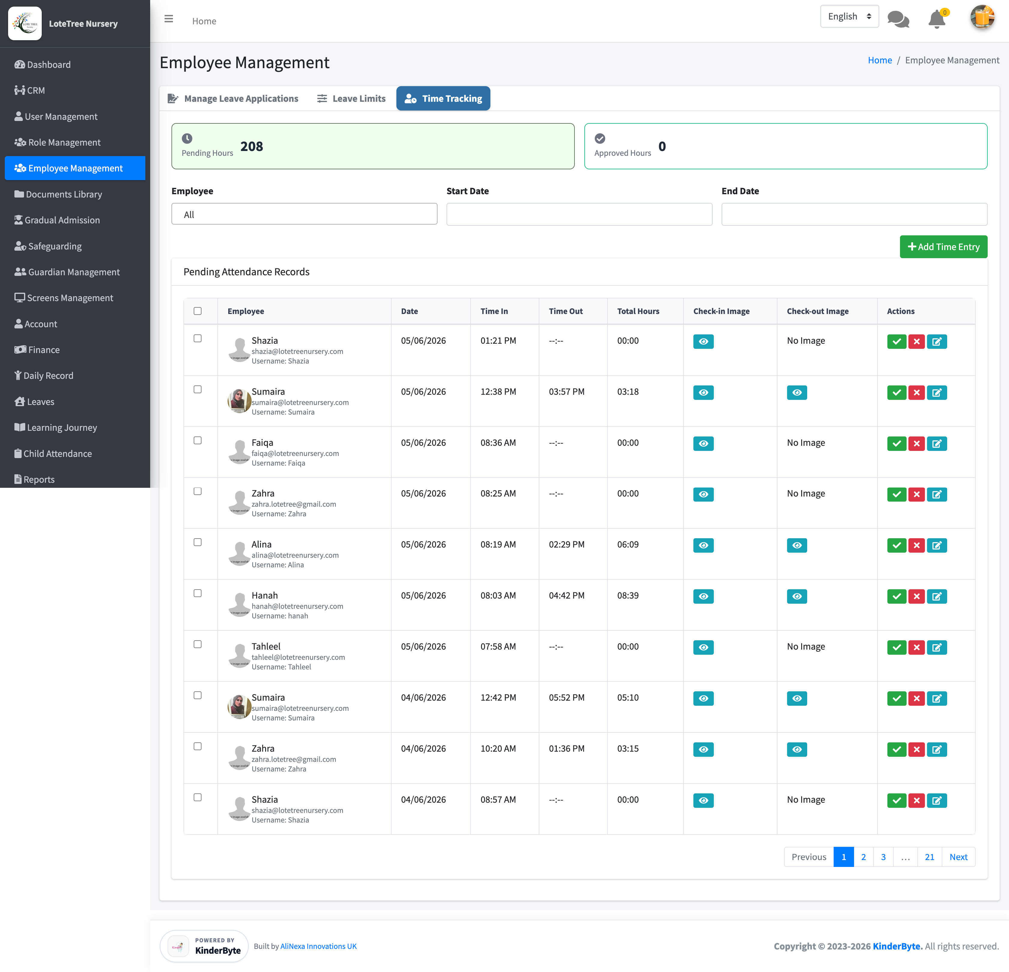 KinderByte employee management screenshot